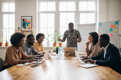Team collaborating during a practical business training workshop